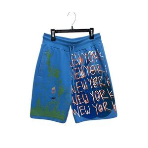 Snow Milk Blue Graphic Print Shorts With New York Theme & Statue Of Liberty Desi